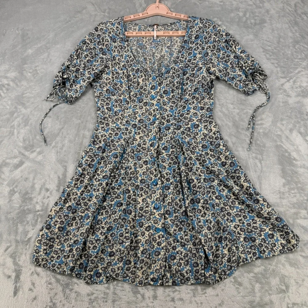 Free People Dress Women M Blue Floral Flower Power Mini Fit & Flare Boho Lace Up - Picture 2 of 11